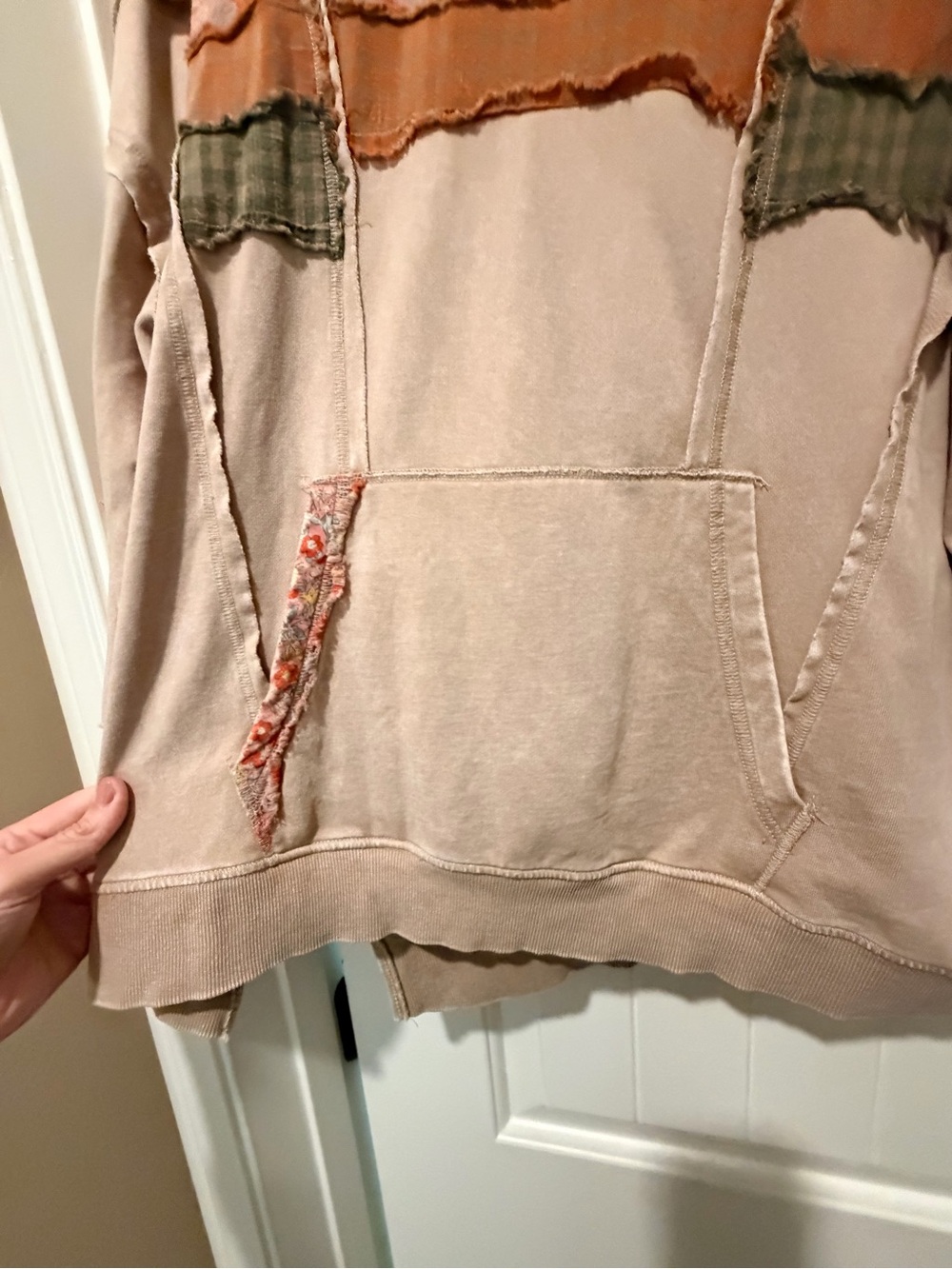easel Women's Patchwork Hoodie in Beige with Olive and Rust Accents - Picture 3 of 6